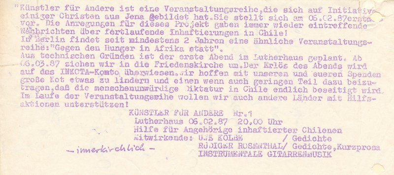 Selbstdarstellung der Solidaritätsgruppe Künstler für Andere Jena anlässlich der ersten Veranstaltung am 6.2.1987