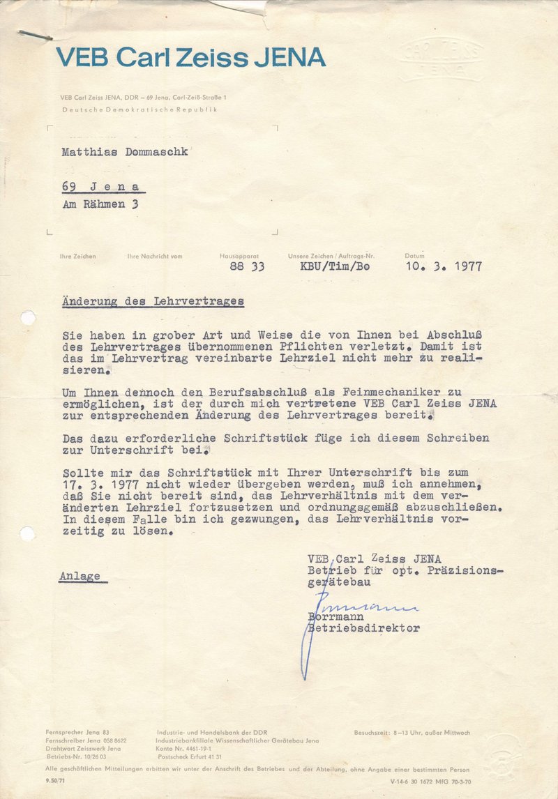 Änderung des Lehrvertrages zur Ausbildung ohne Abitur, März 1977, ThürAZ, Sammlung Matthias Domaschk, Signatur: ThuerAZ-P-DoM-K-01.09